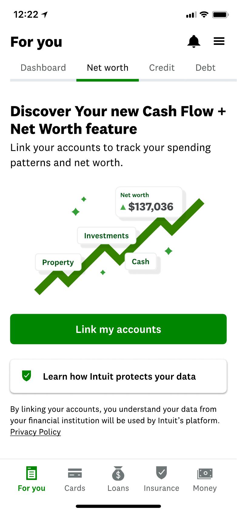 Mint promo screen for a new Cash Flow and Net Worth feature, prompting the member to link accounts