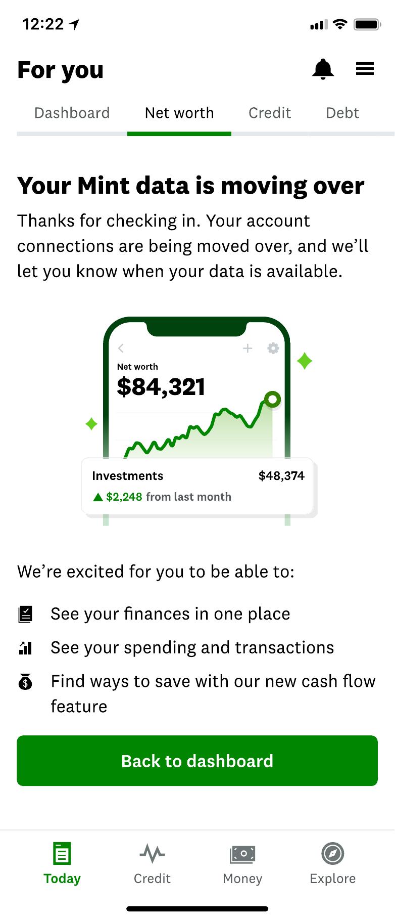 Screen reading 'Your Mint data is moving over,' explaining that account connections are being moved and what's coming next