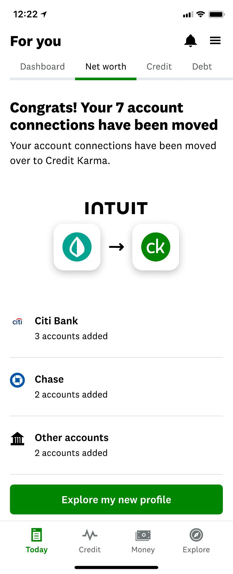 Confirmation screen reading 'Congrats! Your 7 account connections have been moved,' showing the Intuit-to-Credit-Karma transfer and each linked institution